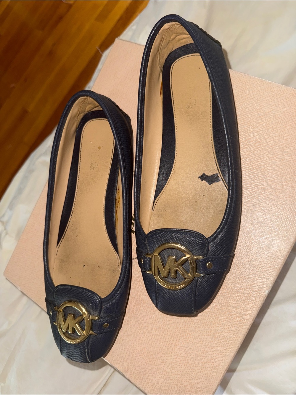 Michael Kors Navy Leather MK Logo Ballet Flats with Gold Hardware